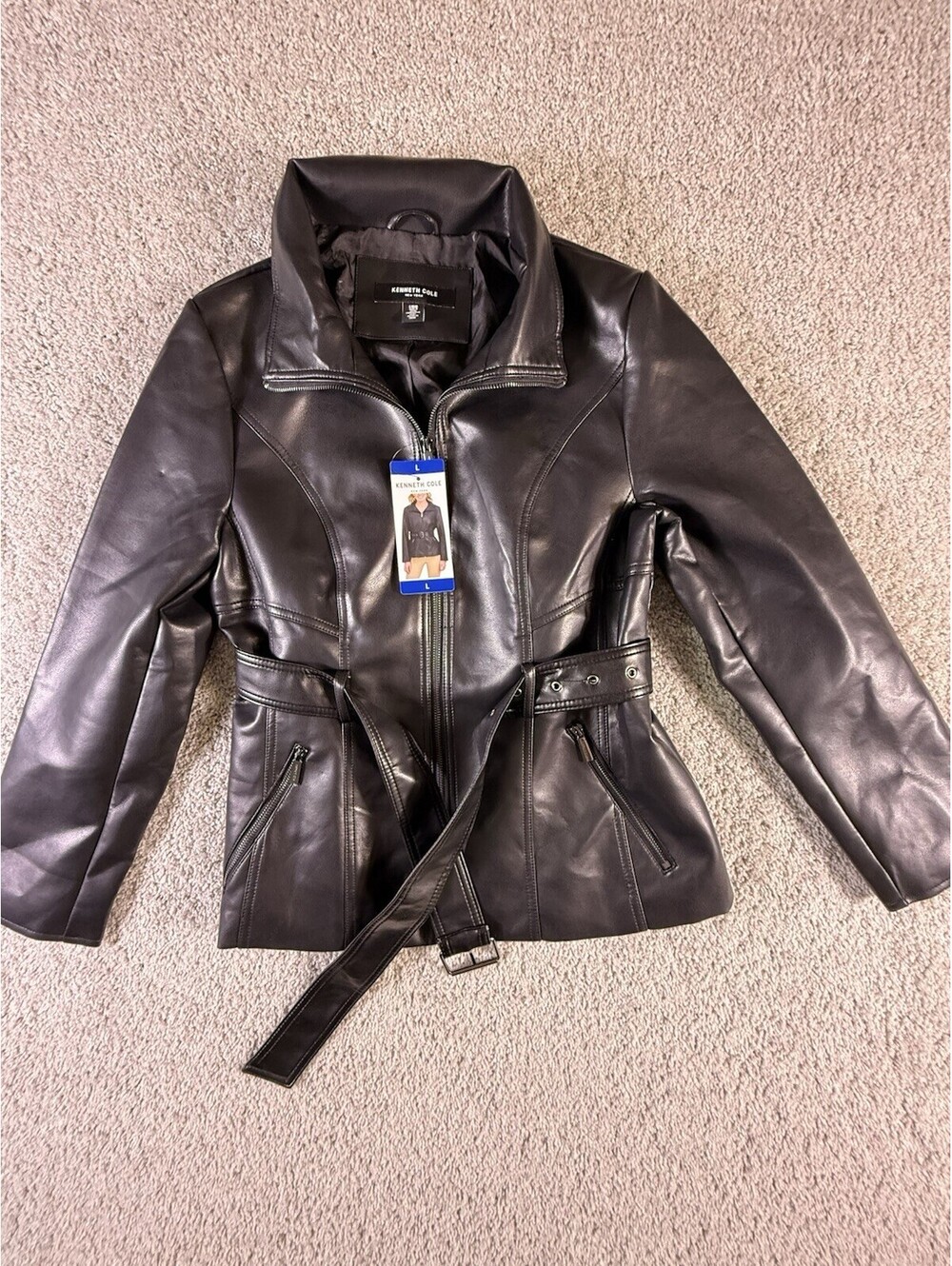 Kenneth Cole Women’s Poly Jacket Size L Black Biker Belted NWT